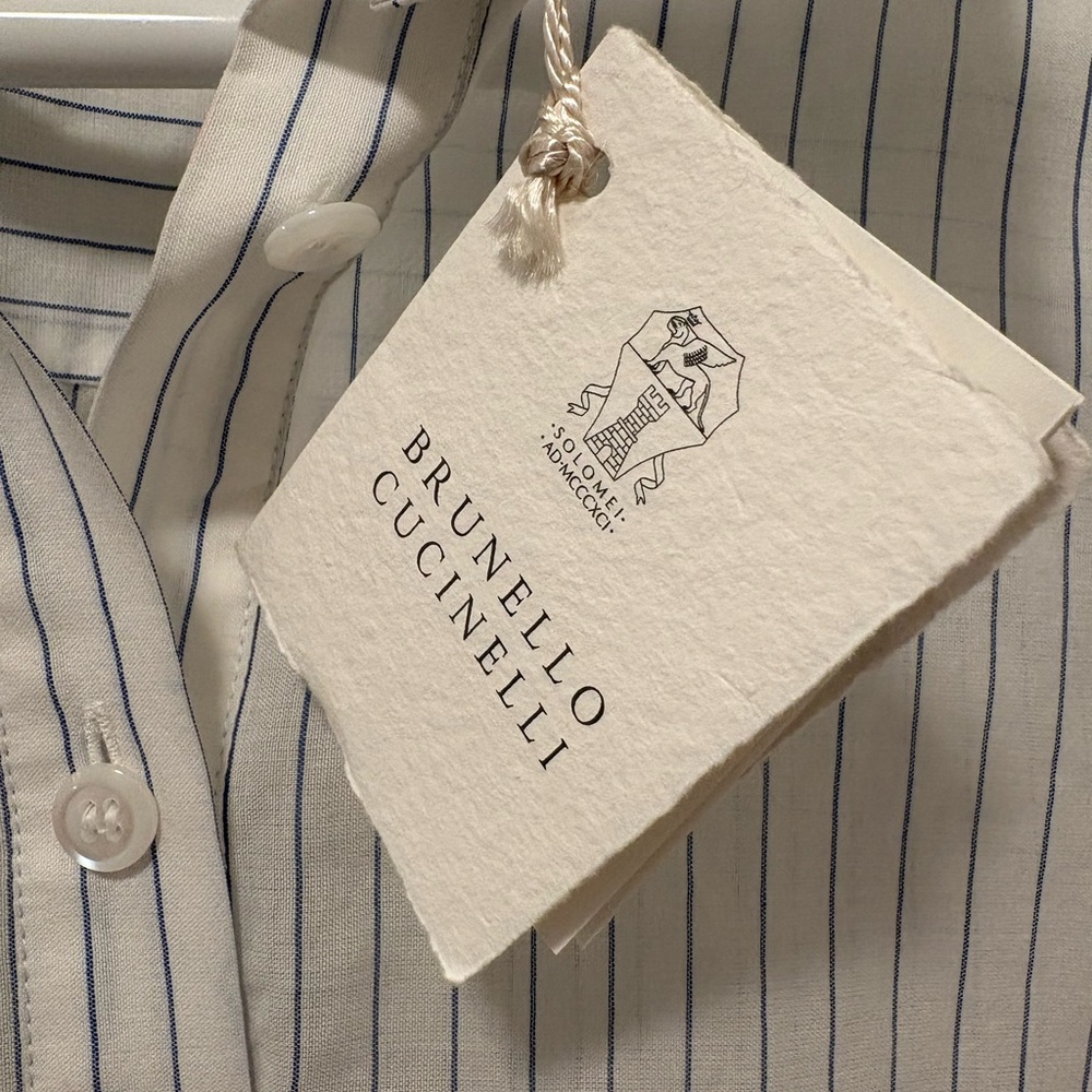 NWT Brunello Cucinelli  cotton and silk white blouse with blue stripes